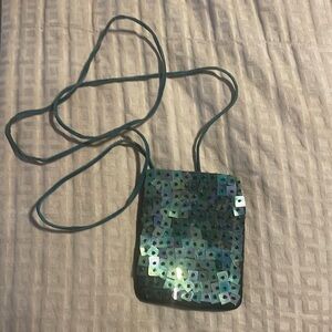 Urban Outfitters Vintage Card/ID Bag.Sequins/Turquoise Suede.19.5” Strap, 3”x4”